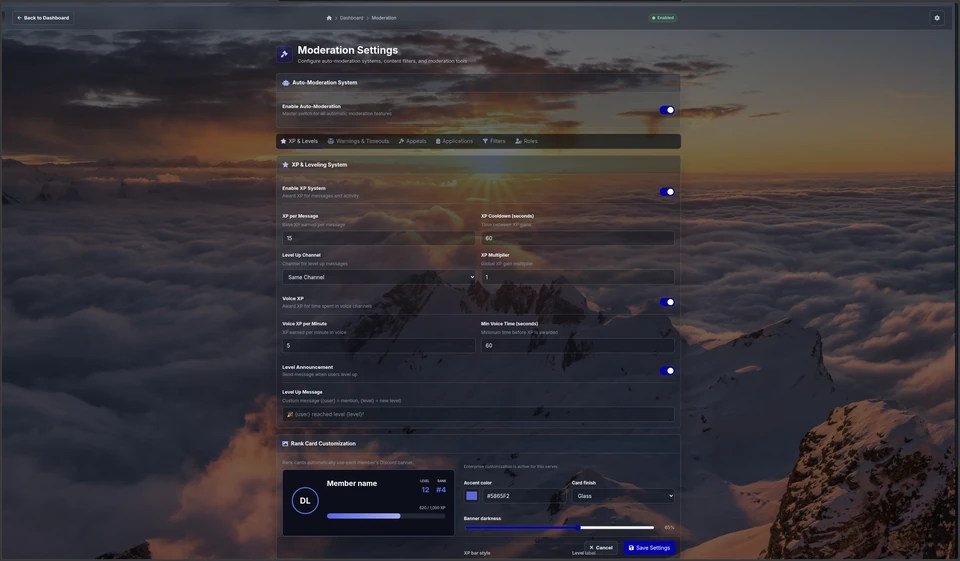 Darklock moderation settings showing configurable security and enforcement controls.